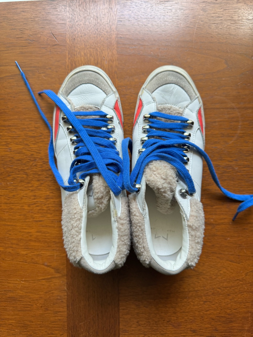 Marc Fisher Shearling-Trim Sneakers with Blue Laces